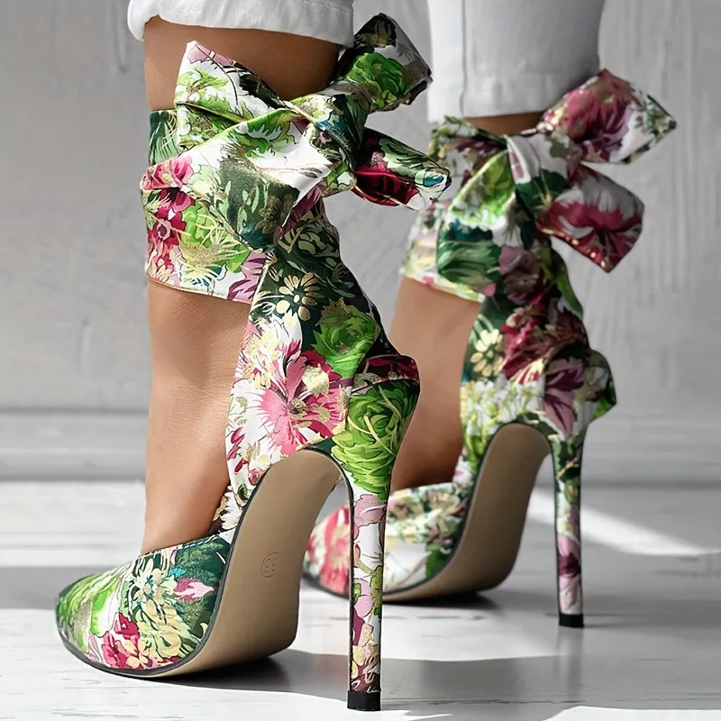 Floral Satin High Heels - Elegant Pointed Toe Lace Up Stilettos for Parties and Dressy Occasions