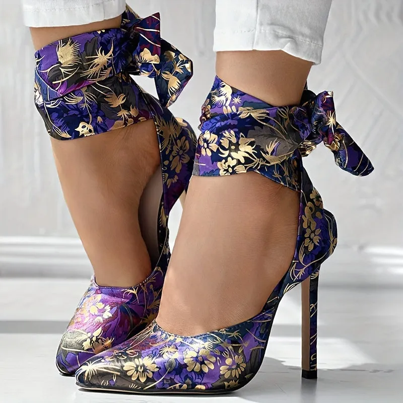 Floral Satin High Heels - Elegant Pointed Toe Lace Up Stilettos for Parties and Dressy Occasions