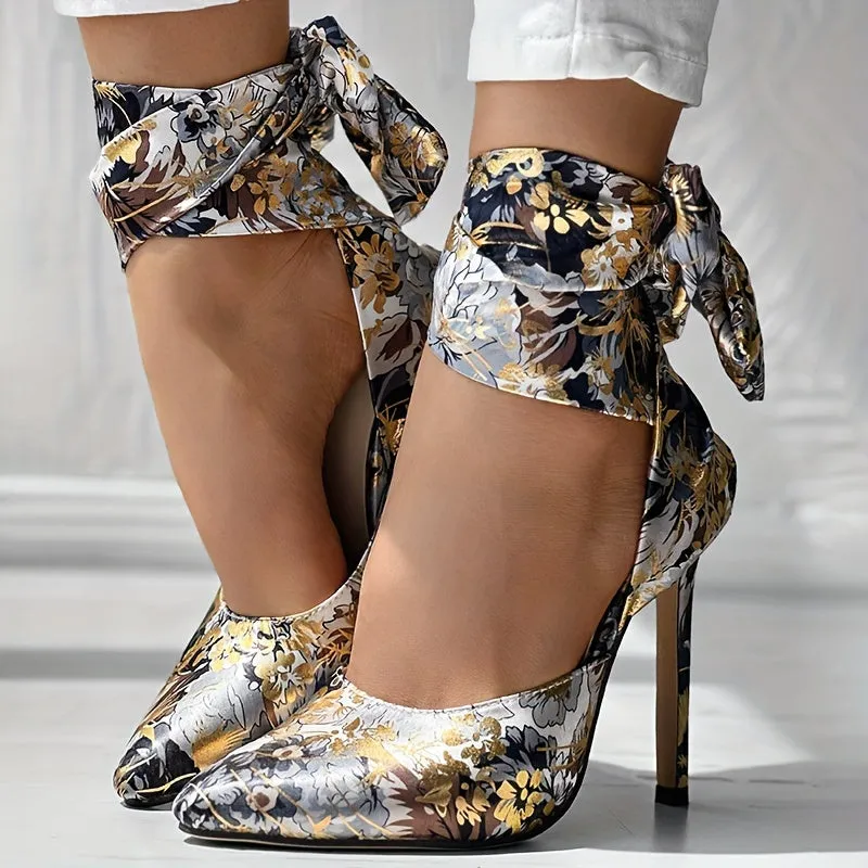 Floral Satin High Heels - Elegant Pointed Toe Lace Up Stilettos for Parties and Dressy Occasions