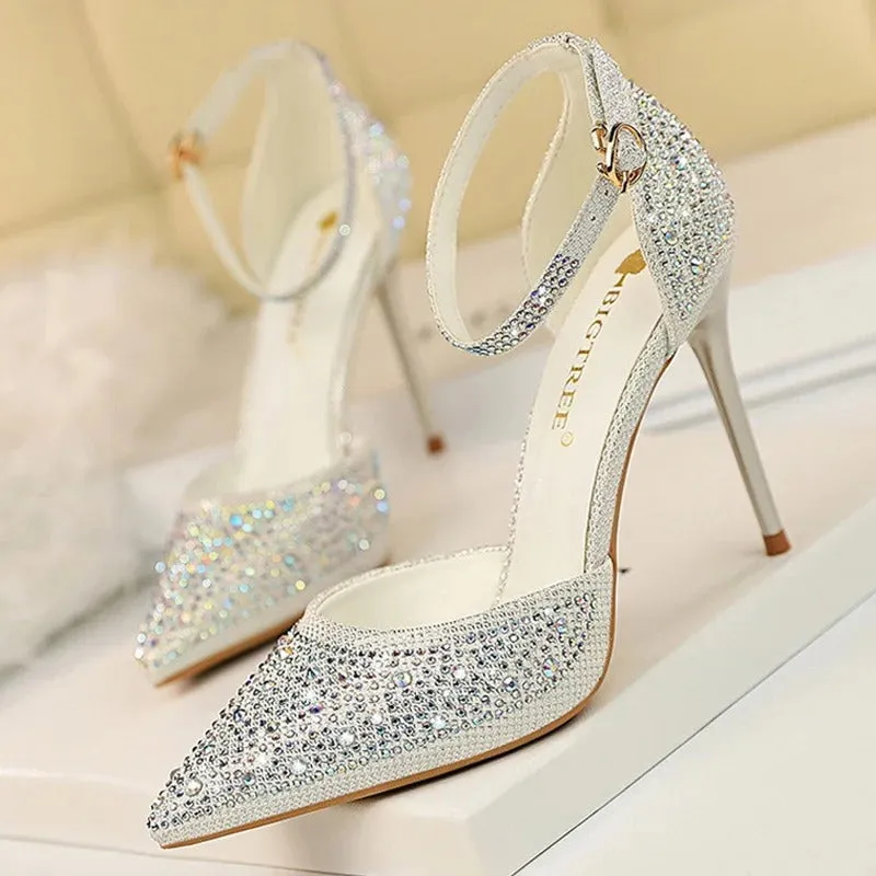 Glitter Rhinestone Decor Pointed Toe Stiletto Heel Sandals