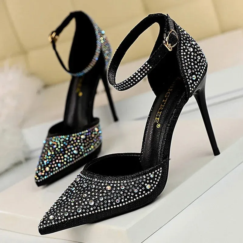 Glitter Rhinestone Decor Pointed Toe Stiletto Heel Sandals