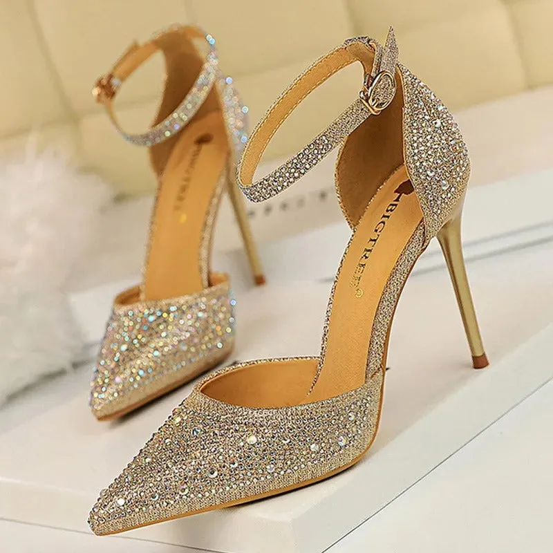 Glitter Rhinestone Decor Pointed Toe Stiletto Heel Sandals