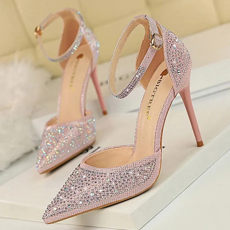 Glitter Rhinestone Decor Pointed Toe Stiletto Heel Sandals