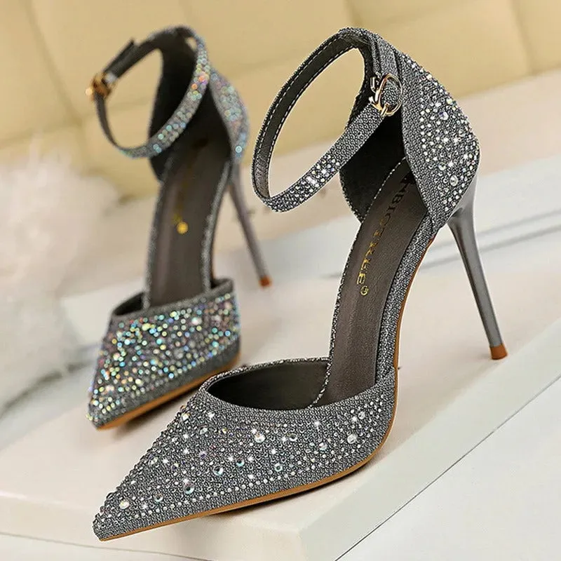 Glitter Rhinestone Decor Pointed Toe Stiletto Heel Sandals