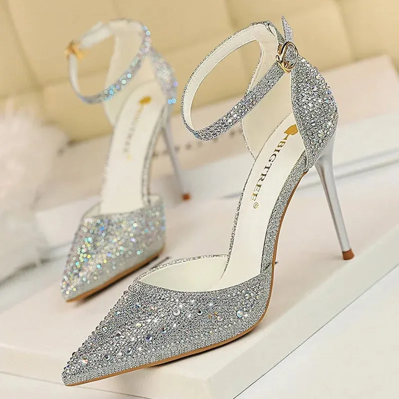 Glitter Rhinestone Decor Pointed Toe Stiletto Heel Sandals