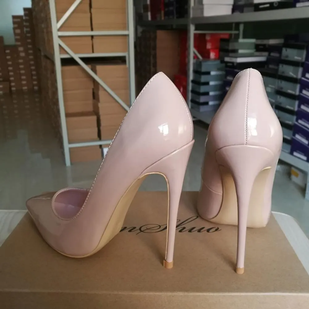 Glossy Nude Pointed Toe Pumps High Heeled Shoes