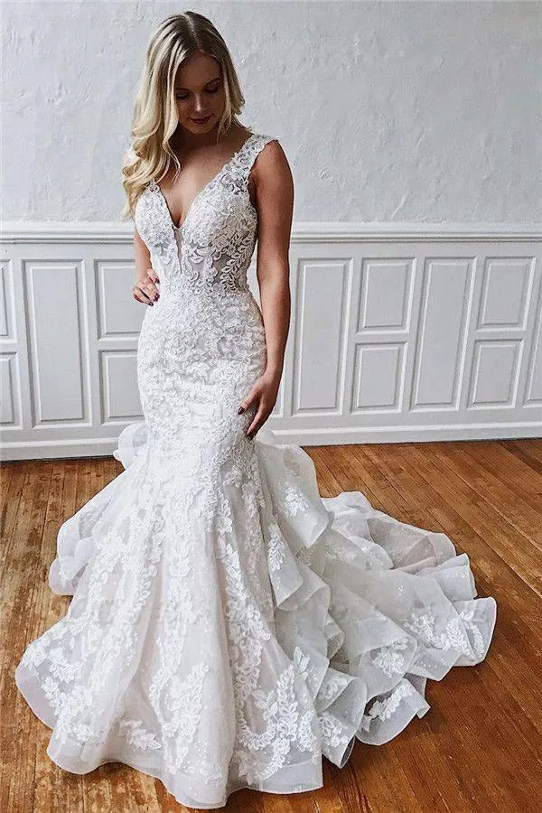 Ivory V-neck Sleeveless Glamorous Straps Ruffled Lace Mermaid Wedding Dresses UQW0022