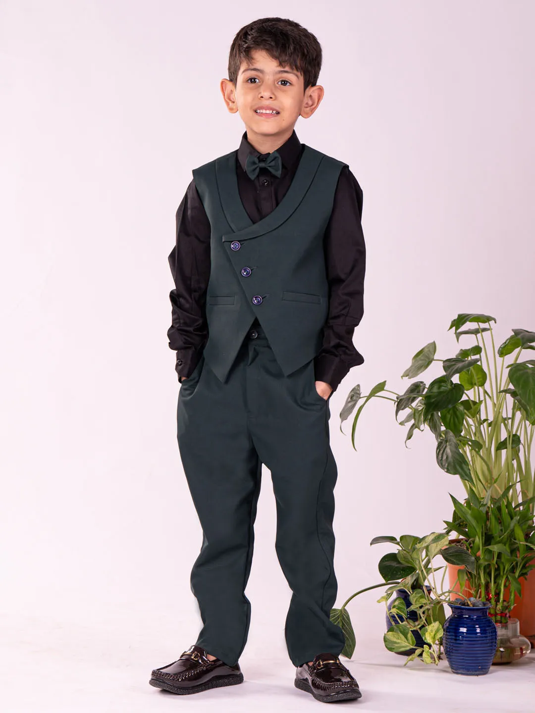 Jashvi Boys' Black And Green Shirt Blazer Waist Coat And Pant