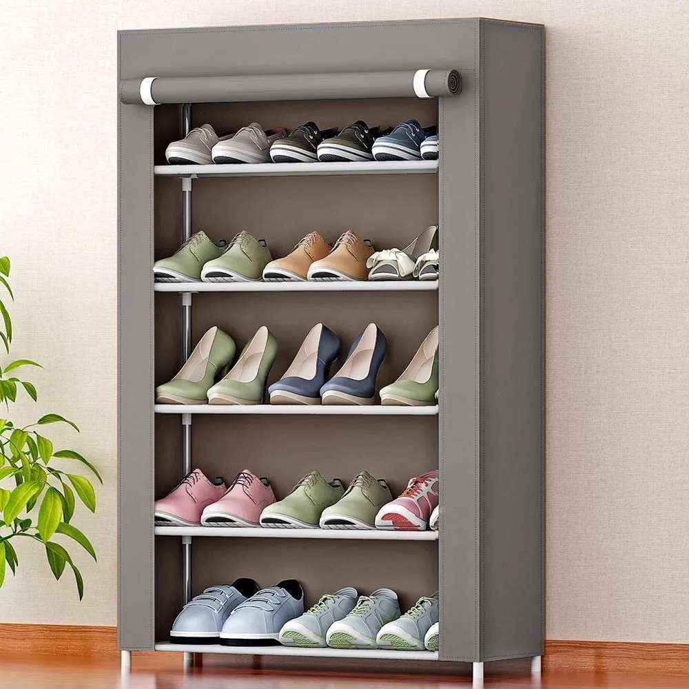 KYNE Foldable Multipurpose Shoe Rack with Dustproof Cover - Durable, Space-Saving Shoe Organizer for Home - Easy to Assemble, 5 Tiers (Plastic Pipes, Non Woven Fabric, Plastic Connectors) (Grey)