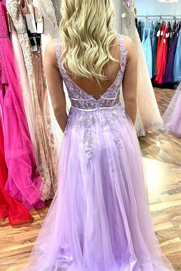 Lilac A-line V Neck Beaded Appliques Sleeveless Tulle Long Prom Dress  PSK413