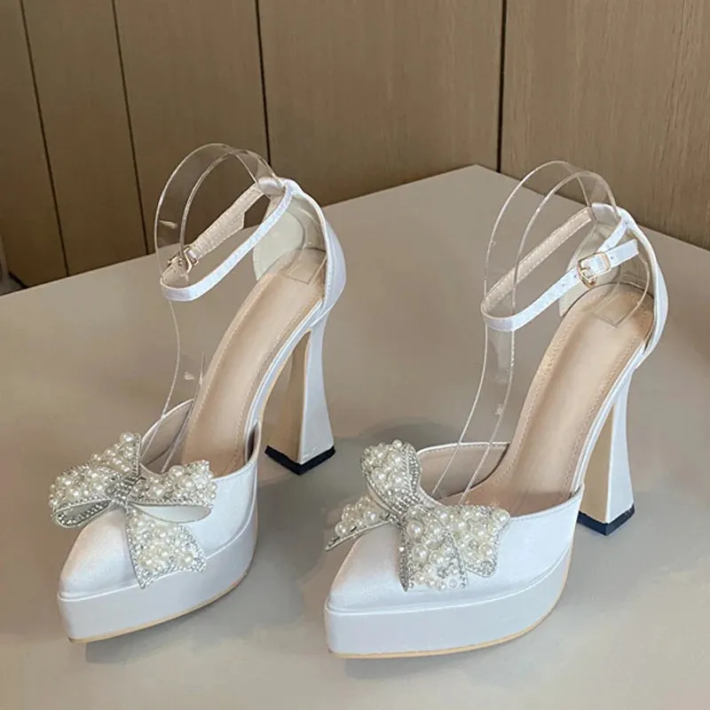 Liyke 2024 Spring Women Pumps Fashion Design White Pearl Bowknot High Heels Platform Sandals Pointed Toe Party Dress Shoes Lady