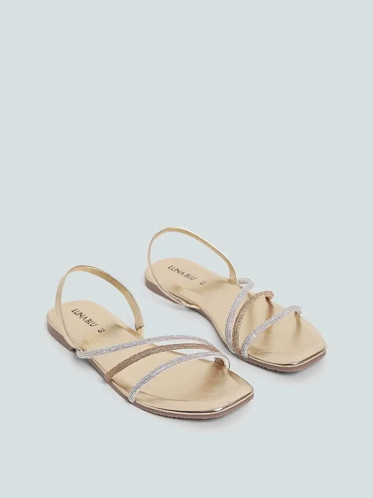 LUNA BLU Gold Cross Strapped Diamante Sling Back Sandals