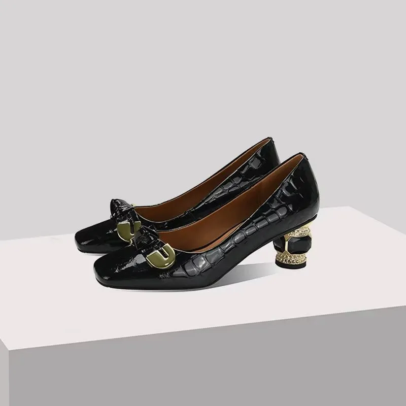 LuxeLeather Exotic Square Toe Slip-On Heels