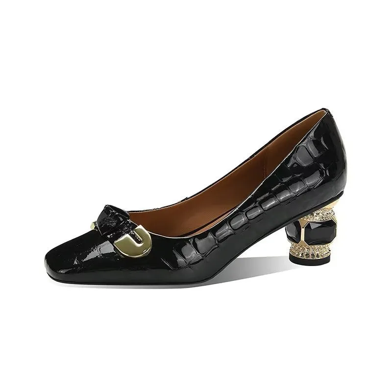 LuxeLeather Exotic Square Toe Slip-On Heels