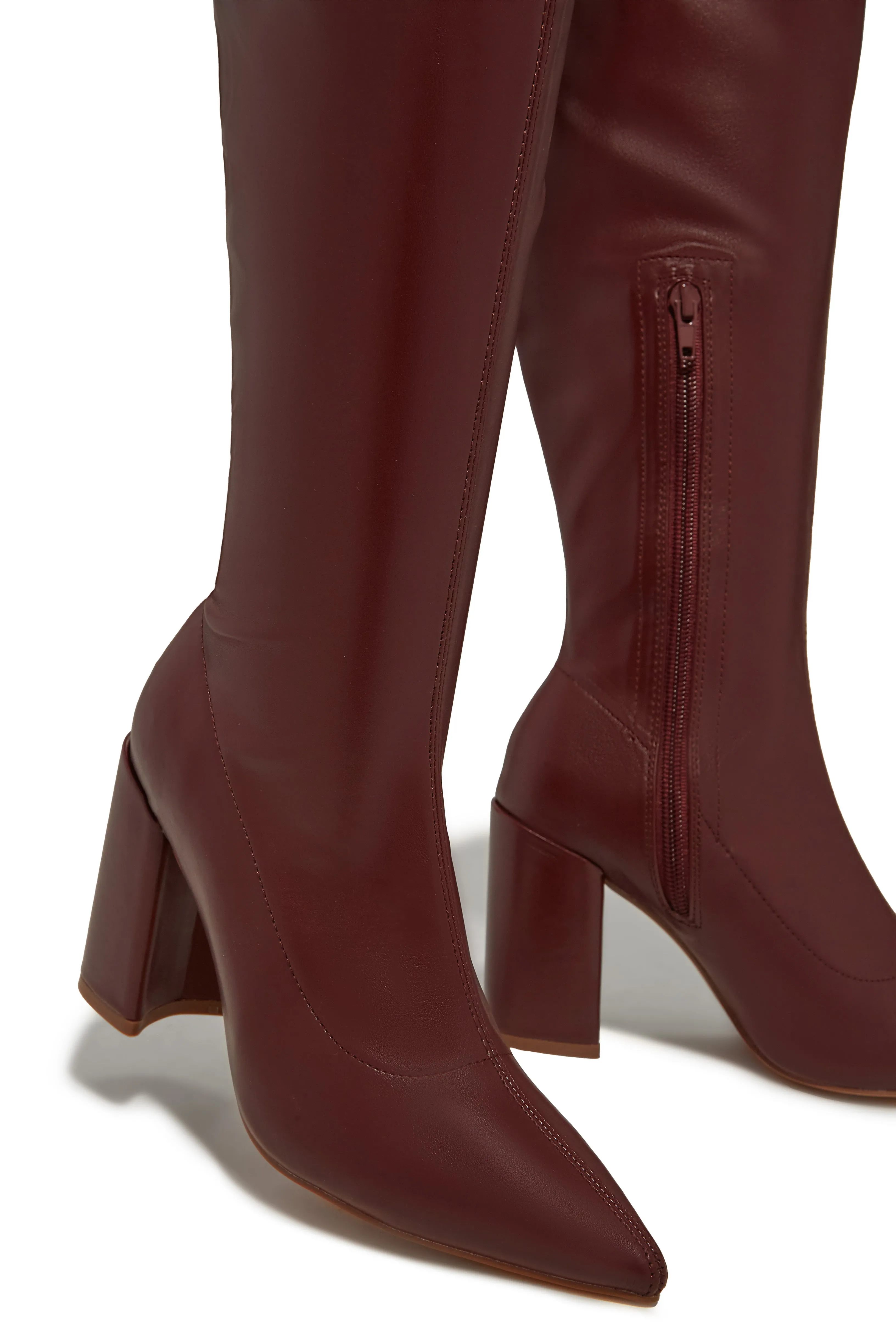 Make A Statement Block Heel Over The Knee Boots - Cherry