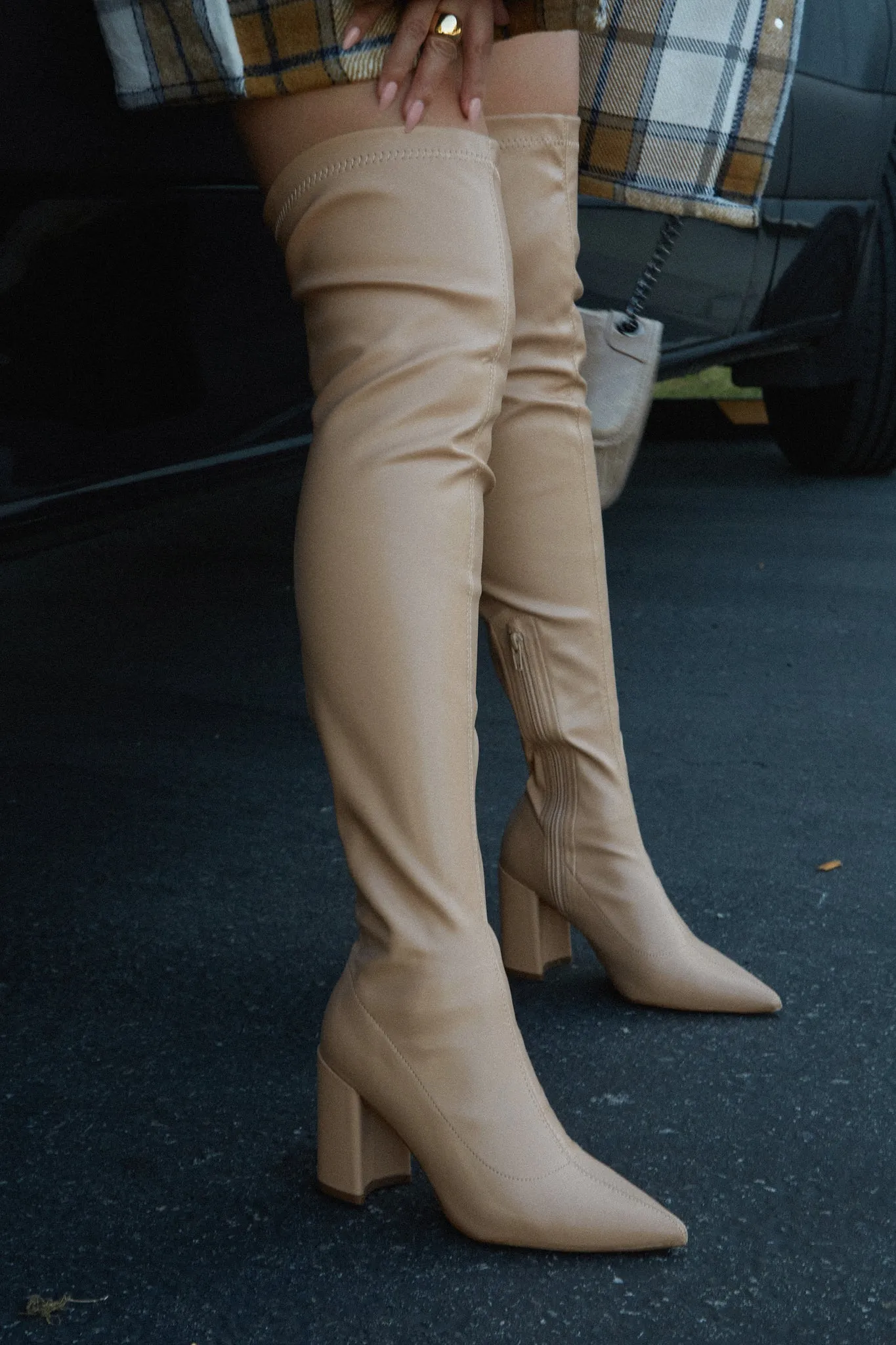 Make A Statement Block Heel Over The Knee Boots - Nude