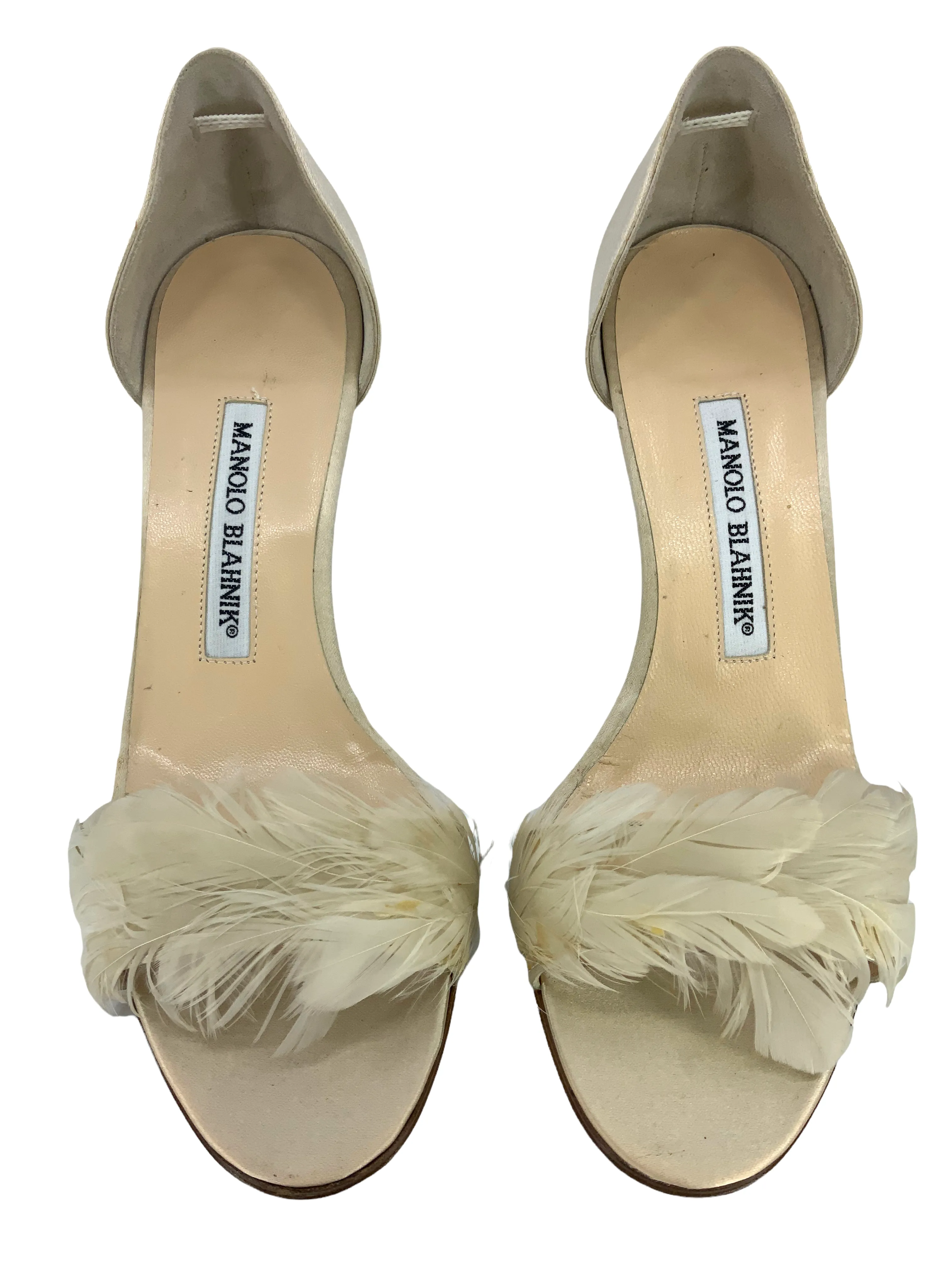 Manolo Blahnik Catalina 90 Satin Feather Sandals Size 5.5