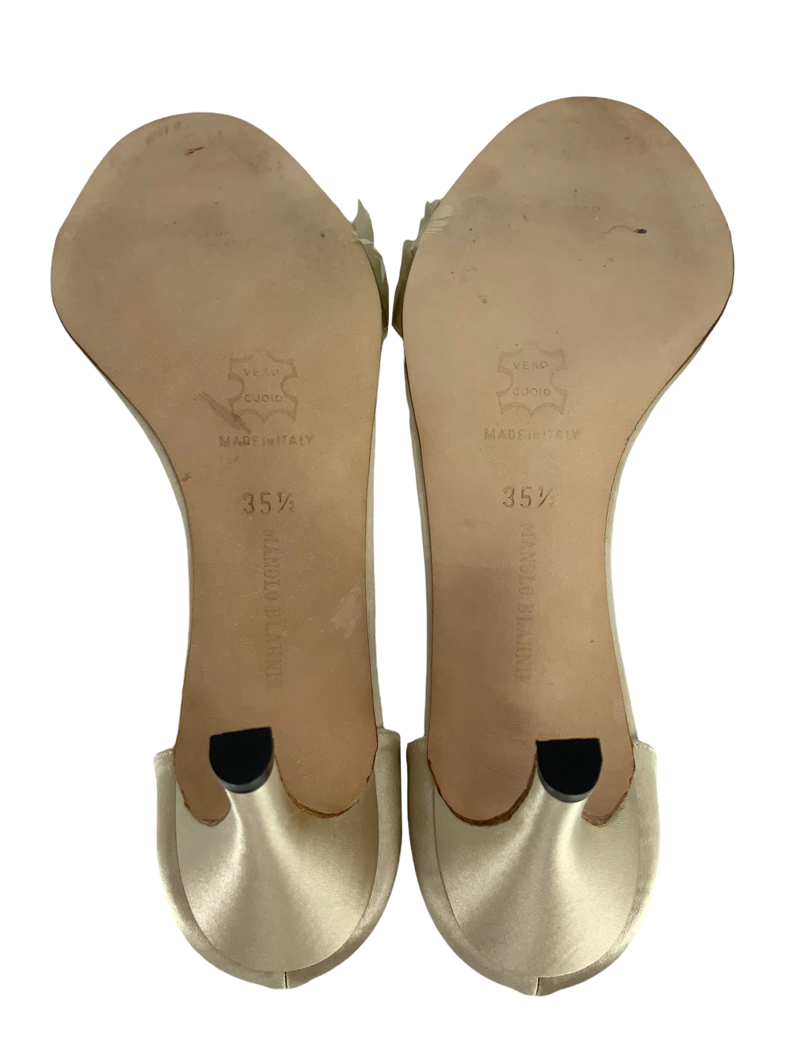 Manolo Blahnik Catalina 90 Satin Feather Sandals Size 5.5