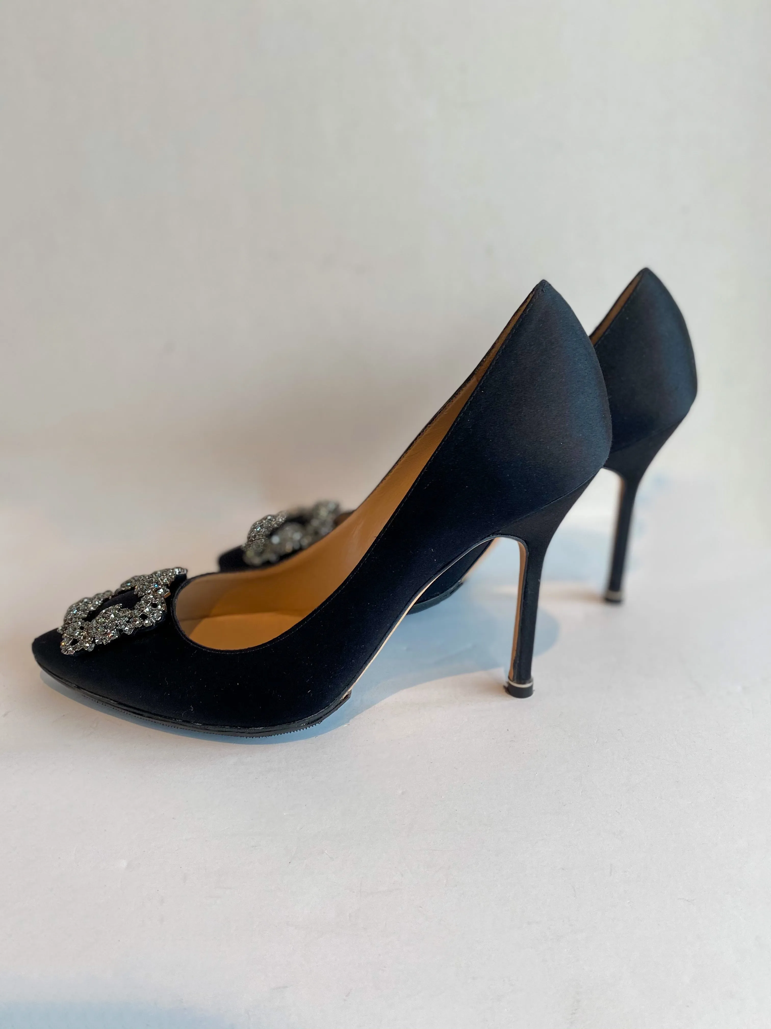 Manolo Blahnik Hangisi Black Satin Heels