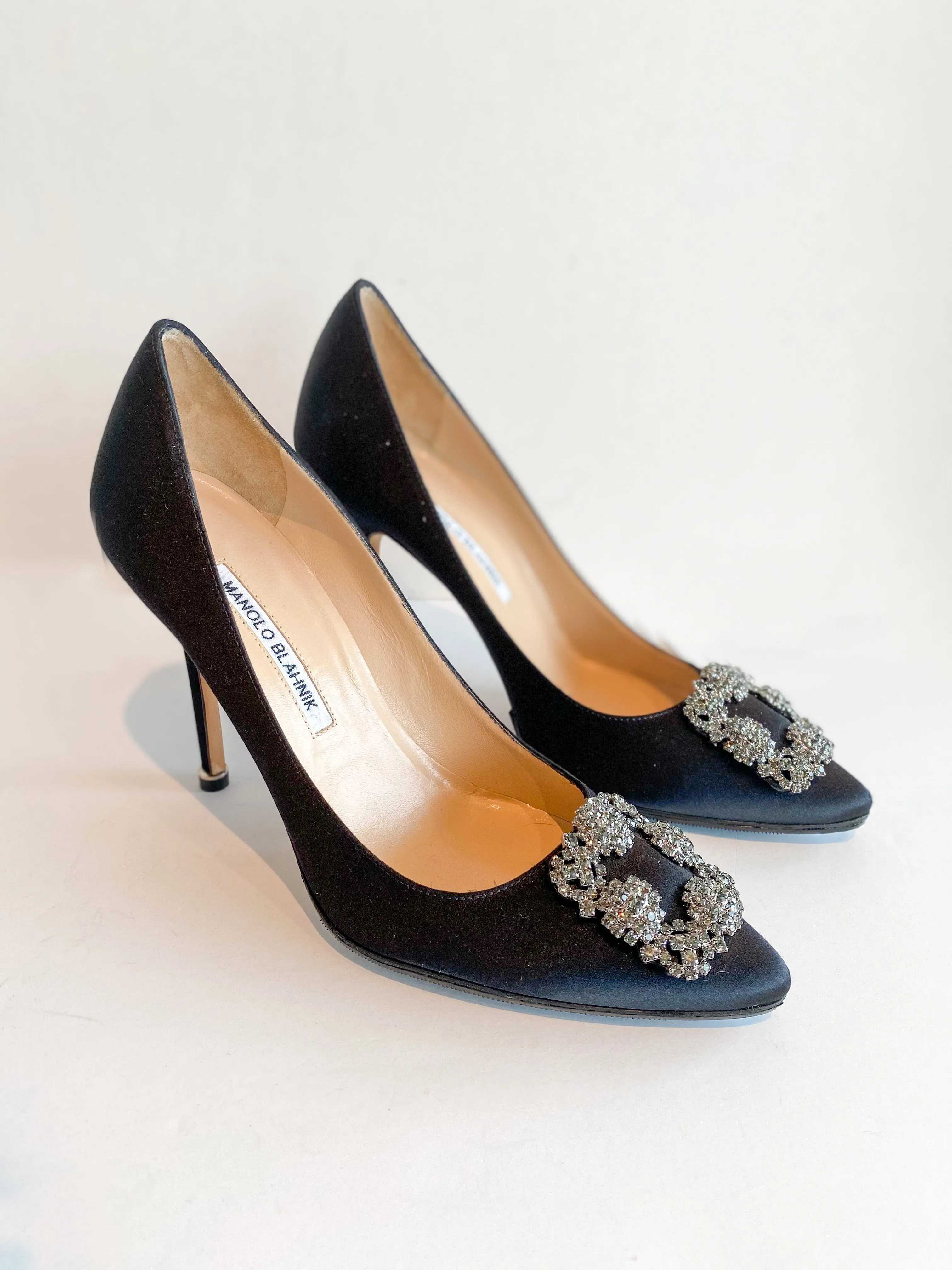 Manolo Blahnik Hangisi Black Satin Heels