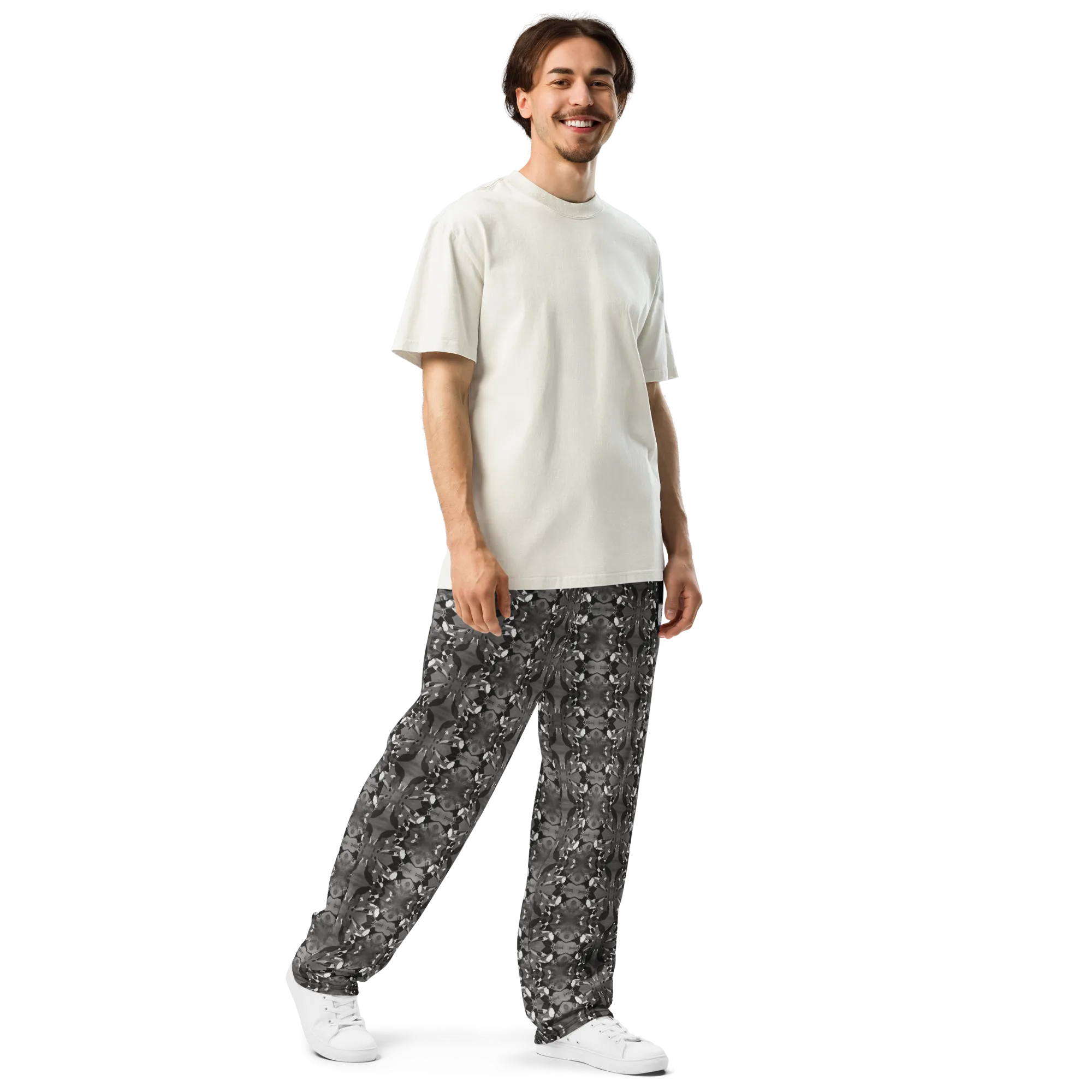 Men's Recycled Polyester Wide-Leg Joggers with Black and White Bird Pattern