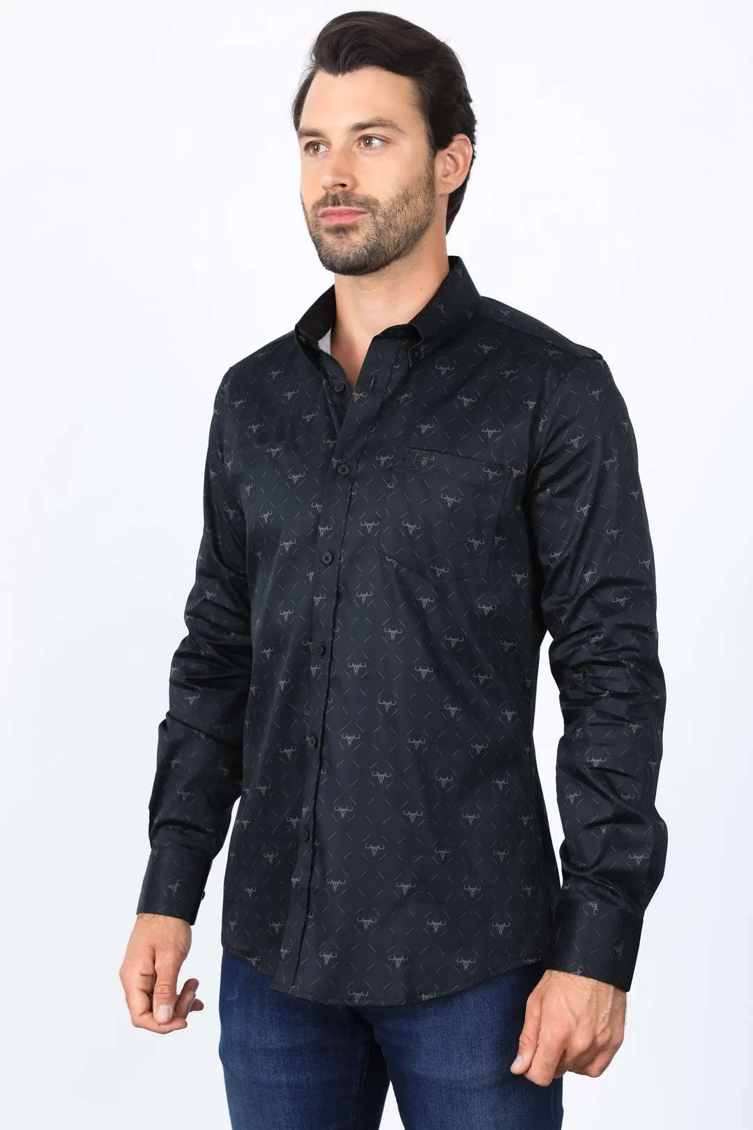 Mens Satin Cotton Modern Fit Black Long Sleeve Shirt