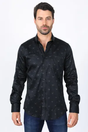 Mens Satin Cotton Modern Fit Black Long Sleeve Shirt