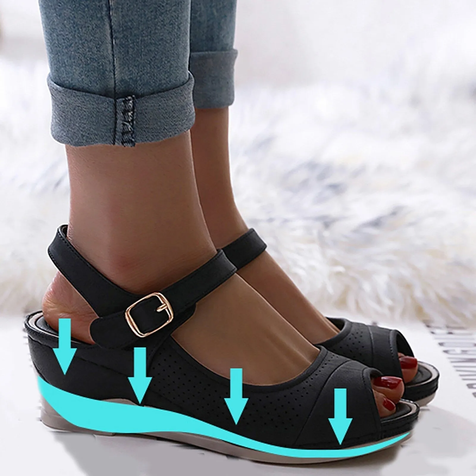 OCW Women Casual Open Peep Toe Sandals Breathable Hollow Hook Loop Wedge Comfortable