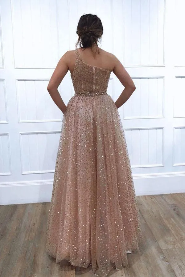 One Shoulder Sparkly Sequin Tulle A-Line Long Prom/Evening Dress PSK024