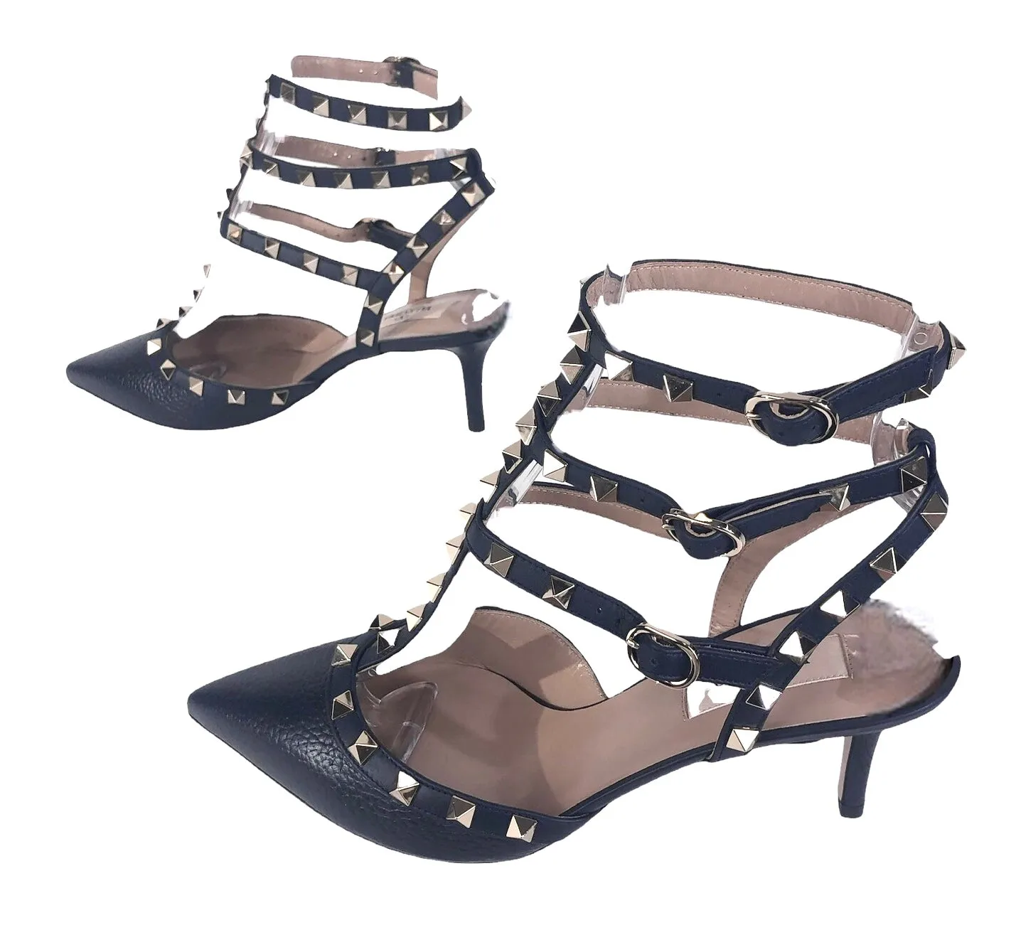 Pebbled Calfskin Rockstud Ankle Strap Pumps | Size US 7.5 - IT 38