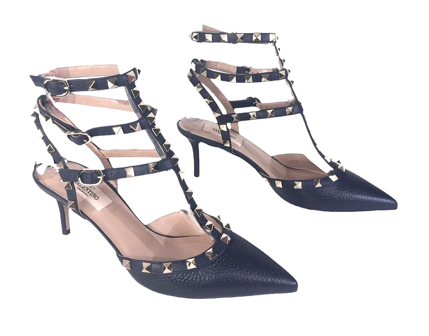 Pebbled Calfskin Rockstud Ankle Strap Pumps | Size US 7.5 - IT 38