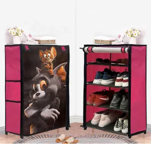 PHILOSHOP Multipurpose Collapsible 4 layers Tom & Jerry Printed Shoe Rack (Pink, Metal)