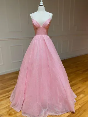 Pink A-line v neck tulle long prom dress, pink evening dress