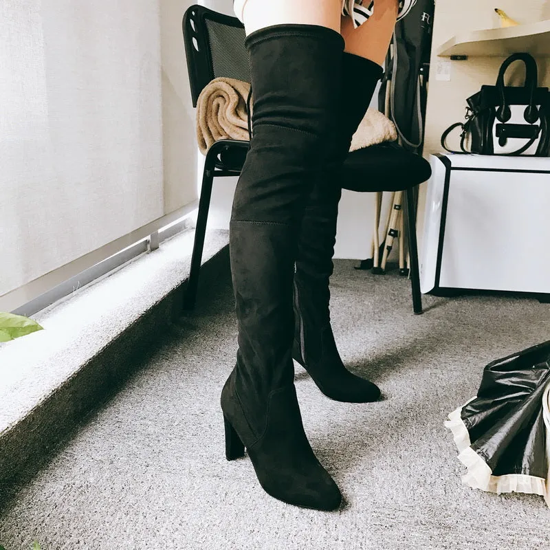 Pretty Women Over the Knee Boots Flock Elastic Brand Pointed Toe Fashion Boots Zipper Black Women Shoes