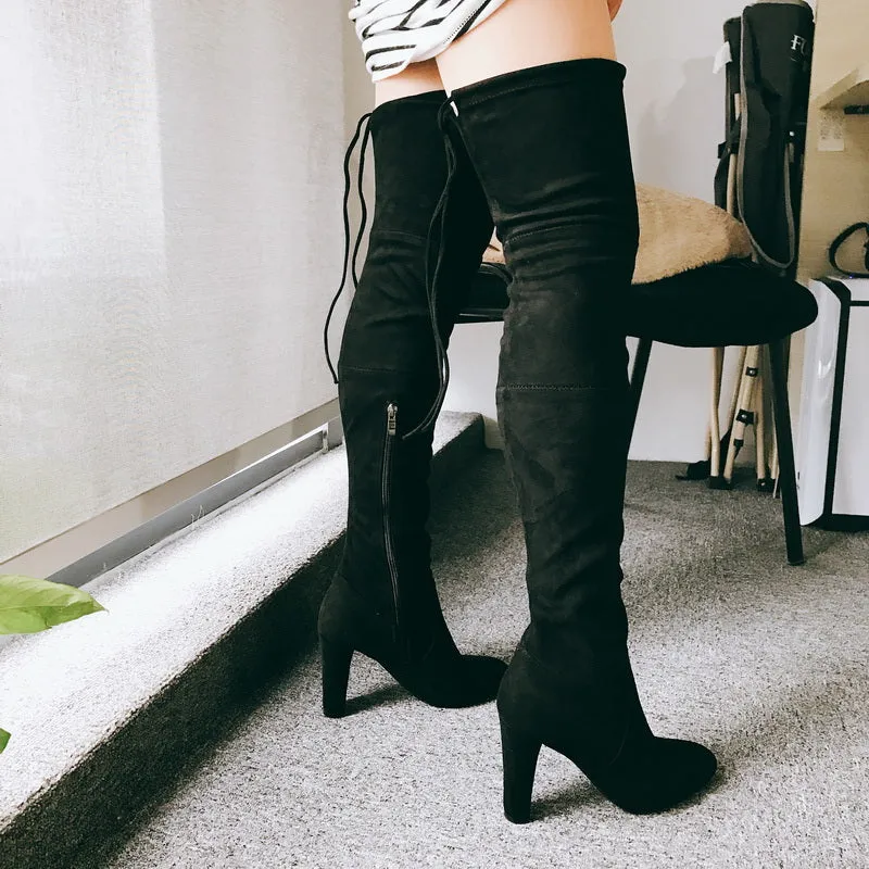 Pretty Women Over the Knee Boots Flock Elastic Brand Pointed Toe Fashion Boots Zipper Black Women Shoes