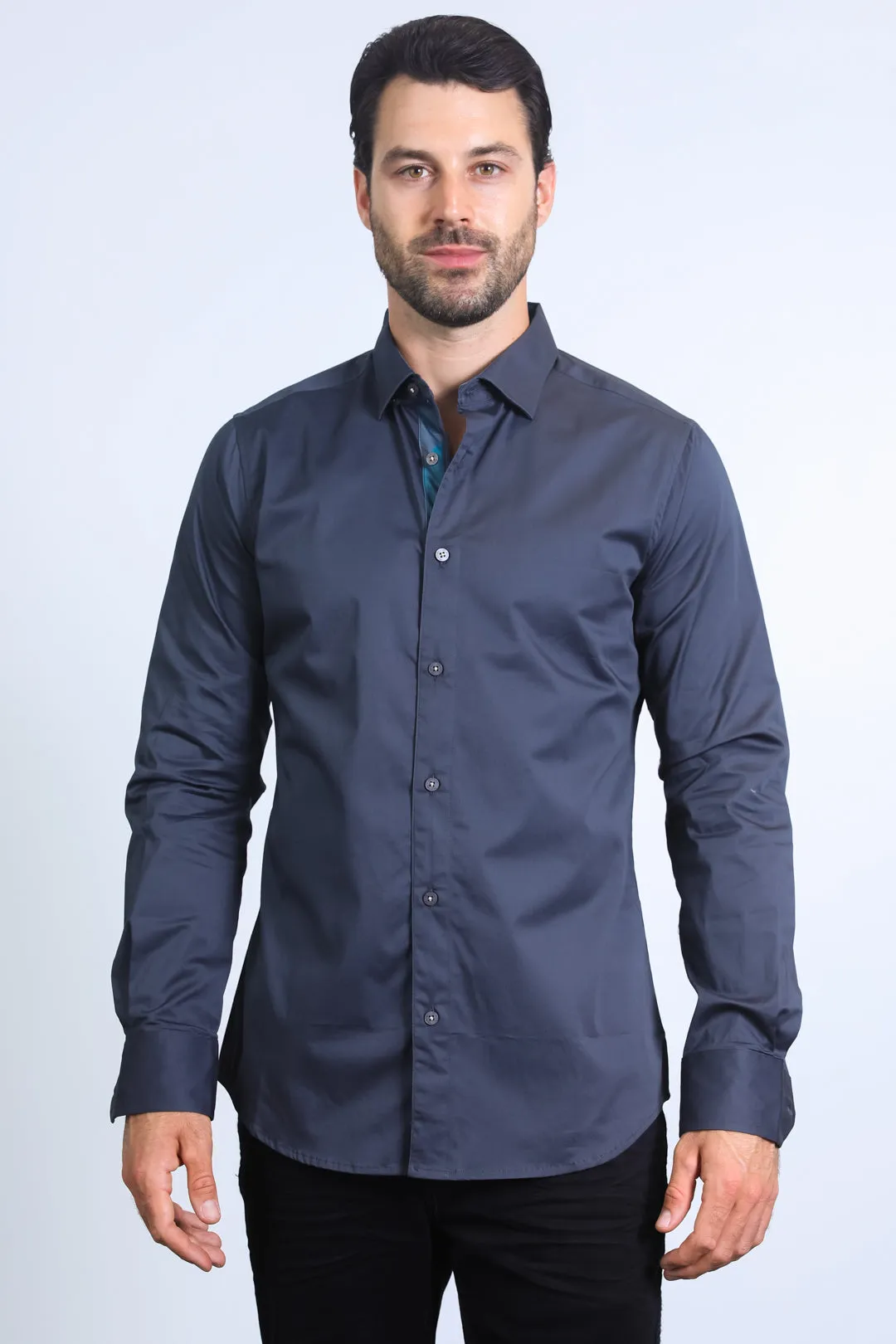 Satin Cotton/Spandex Long Sleeve Charcoal Shirt