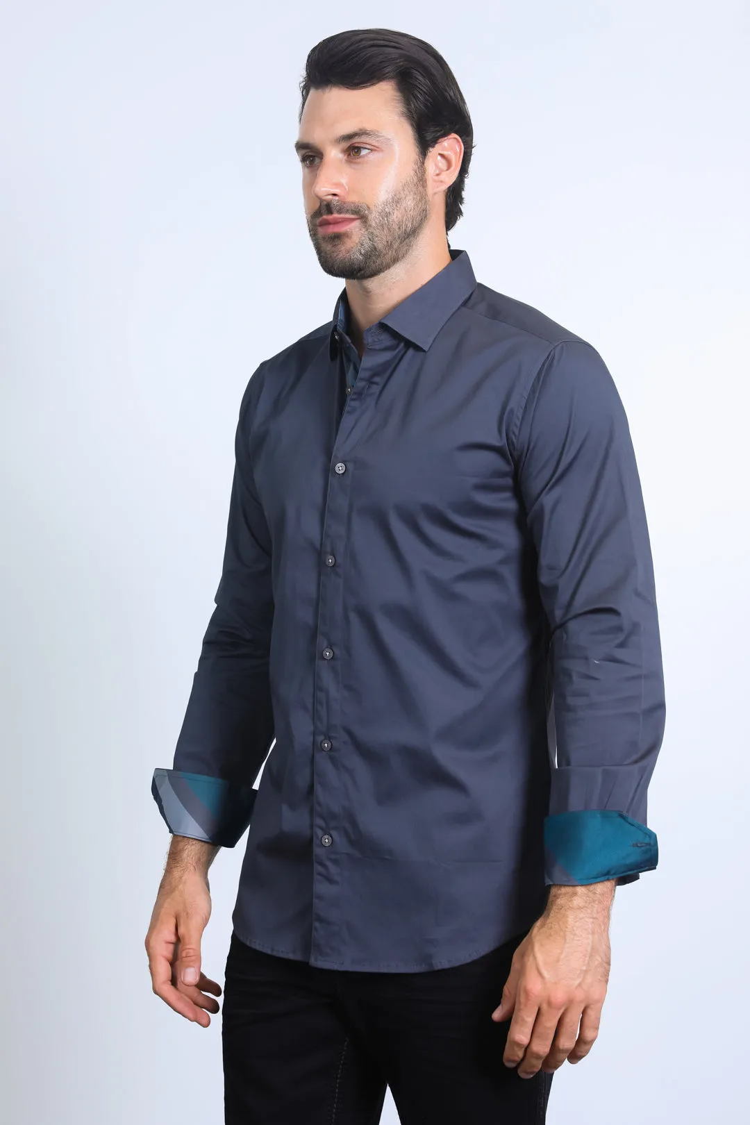 Satin Cotton/Spandex Long Sleeve Charcoal Shirt