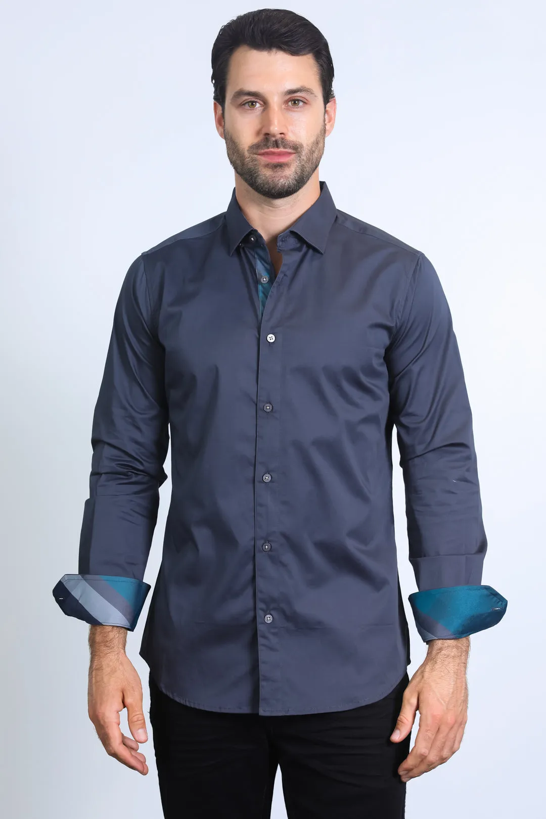 Satin Cotton/Spandex Long Sleeve Charcoal Shirt