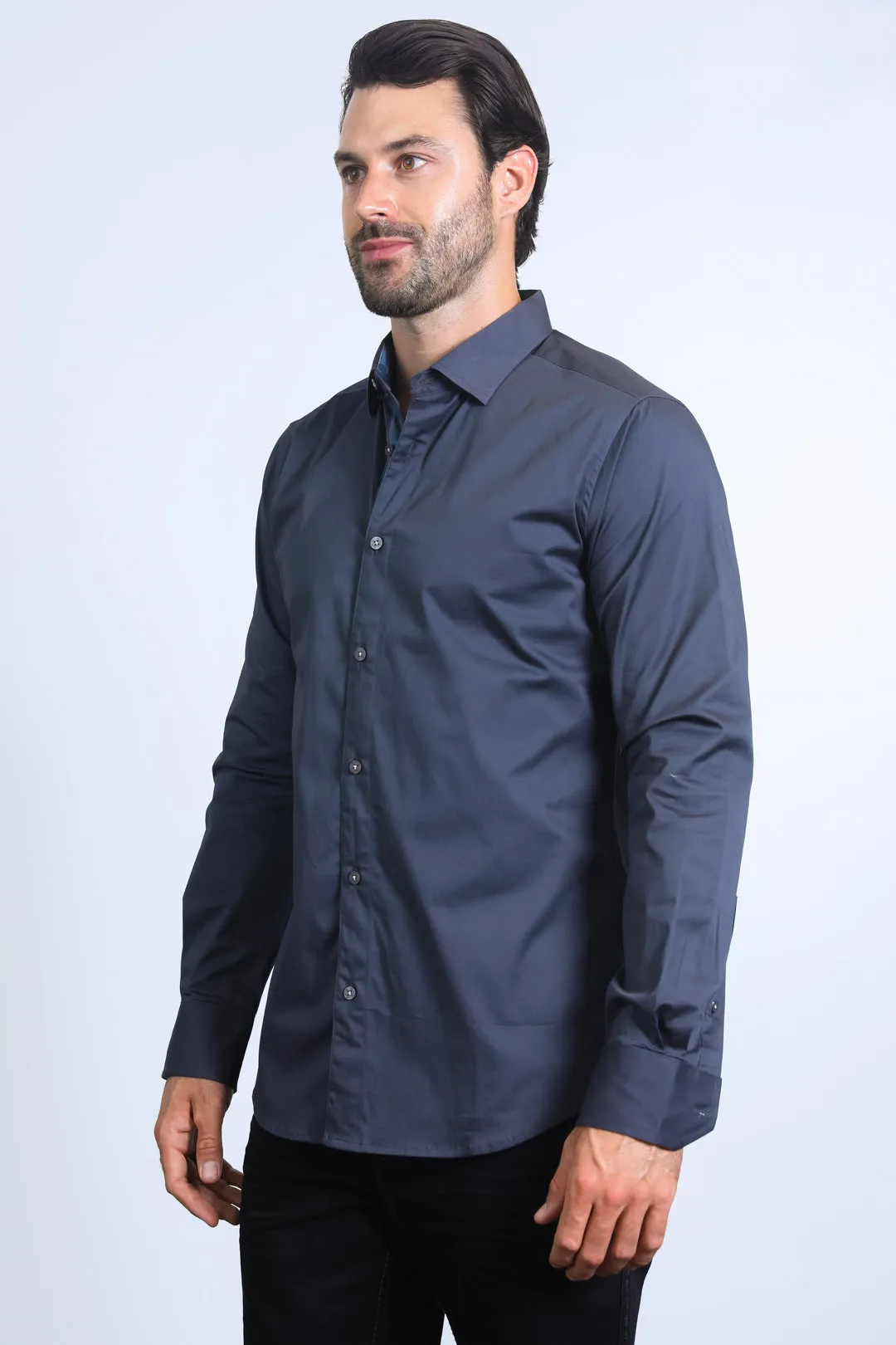 Satin Cotton/Spandex Long Sleeve Charcoal Shirt