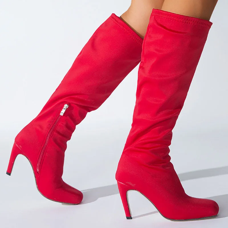 Slouchy Square Toe Side Zipper Stiletto Heel Knee High Boots - Red