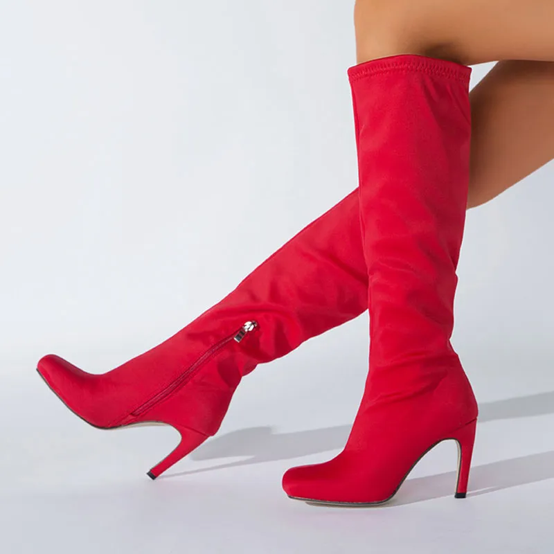 Slouchy Square Toe Side Zipper Stiletto Heel Knee High Boots - Red