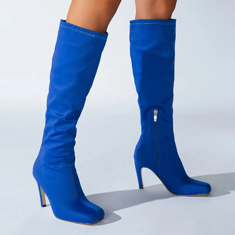 Slouchy Square Toe Side Zipper Stiletto Heel Knee High Boots - Royal Blue