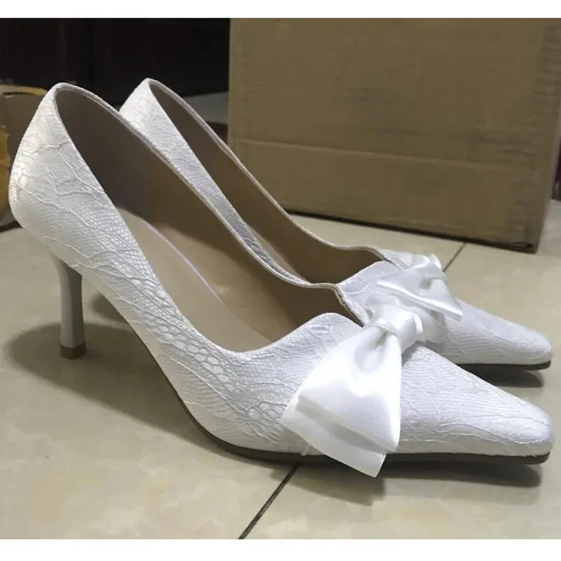 TAVIMART  -  French Style Woman Bowtie Kitten Heels Lace Pumps Female Satin Butterfly knot Wedding Shoes Pointed Toe Bridal Elegant heels