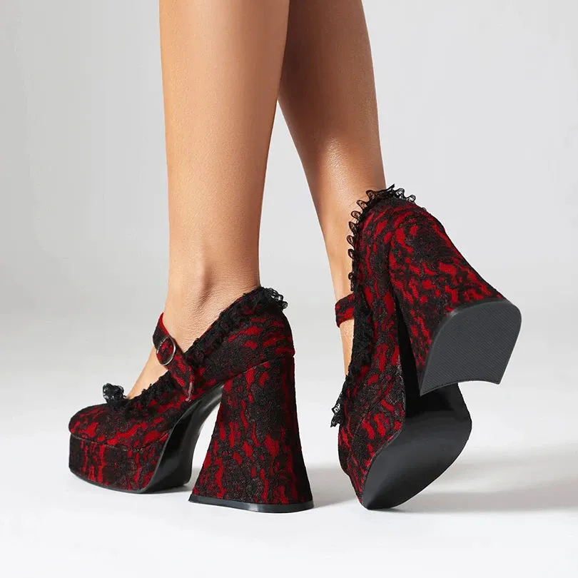 TAVIMART  -  Lace Printed Fabric Platform Ultra-High Conical Heel Shallow Fashion High Heels Buckle Floral Fabric Elegant And Sexy Pumps