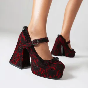 TAVIMART  -  Lace Printed Fabric Platform Ultra-High Conical Heel Shallow Fashion High Heels Buckle Floral Fabric Elegant And Sexy Pumps