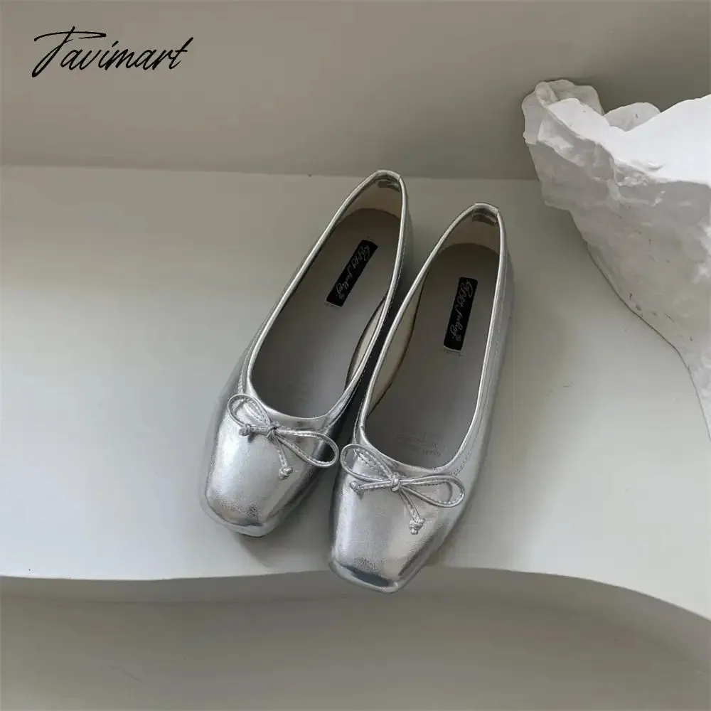 TAVIMART  -  Silver Flats Ballet Shoes for Women Mary Janes Casual Shallow Slip on Pumps Sequare Toe Elegant Woman Heeled Shoes Loafers