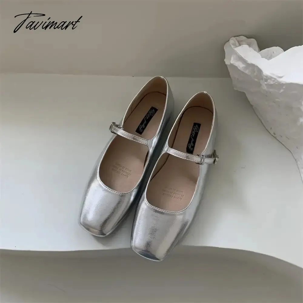 TAVIMART  -  Silver Flats Ballet Shoes for Women Mary Janes Casual Shallow Slip on Pumps Sequare Toe Elegant Woman Heeled Shoes Loafers