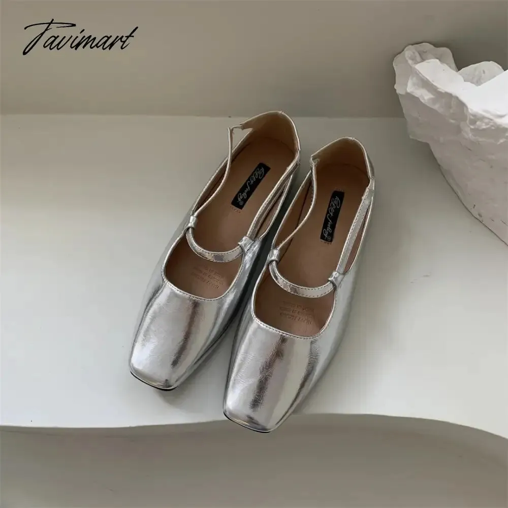 TAVIMART  -  Silver Flats Ballet Shoes for Women Mary Janes Casual Shallow Slip on Pumps Sequare Toe Elegant Woman Heeled Shoes Loafers