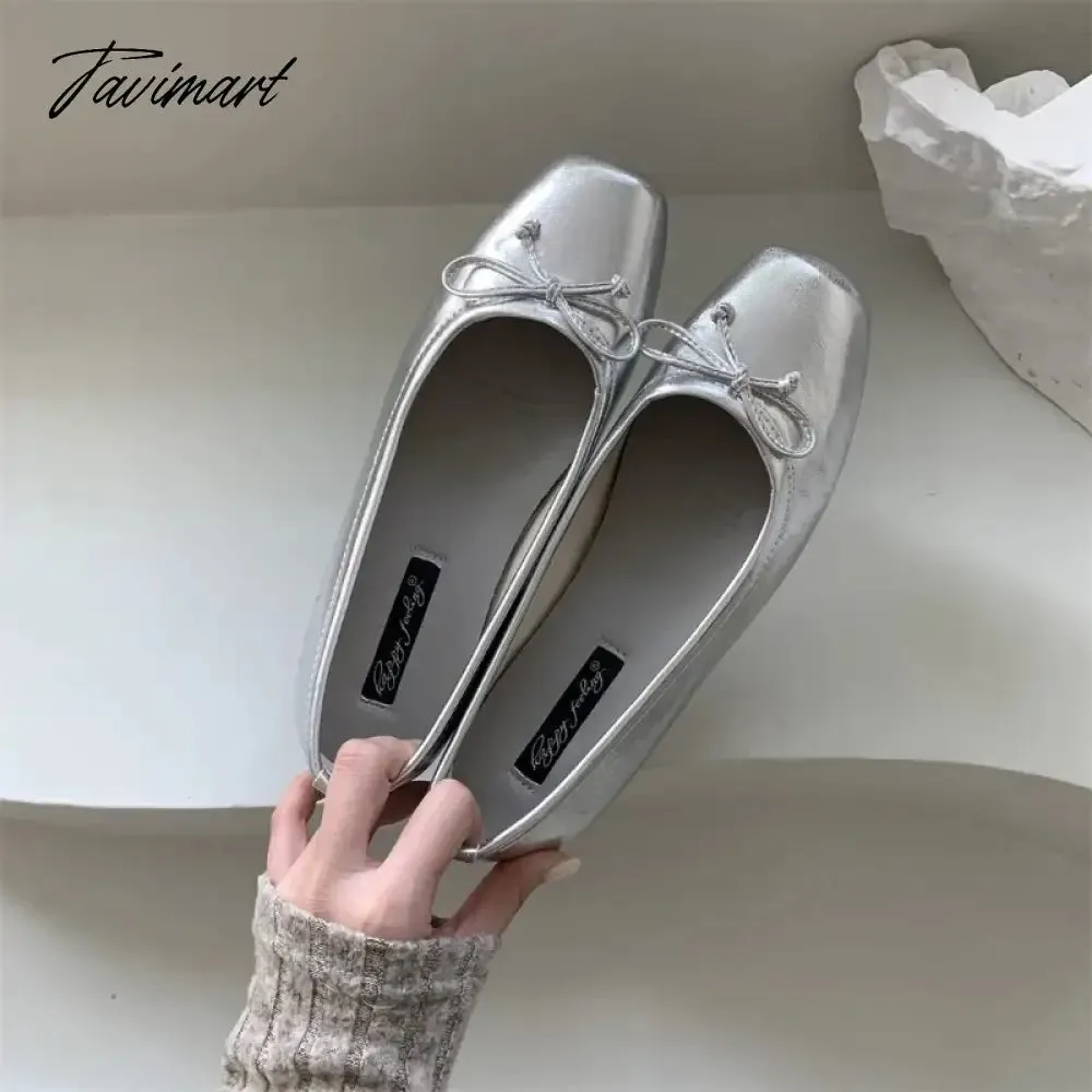 TAVIMART  -  Silver Flats Ballet Shoes for Women Mary Janes Casual Shallow Slip on Pumps Sequare Toe Elegant Woman Heeled Shoes Loafers