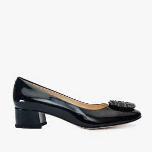 The Danish Black Patent Leather Block Heel Pump Women Shoe